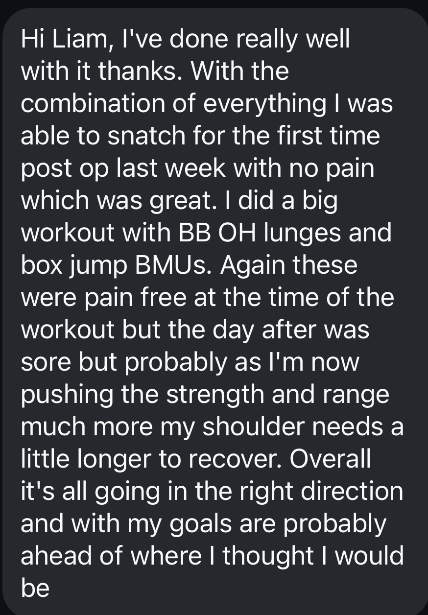 Long client testimonial about being able to snatch and lunge pain-free