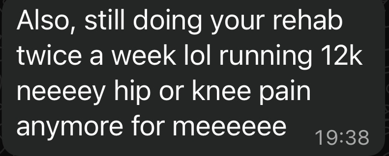 Client testimonial about running 12k with no hip or knee pain
