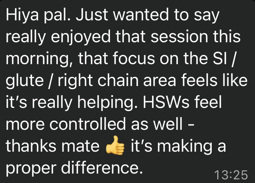 Client testimonial about SI joint and glute improvements